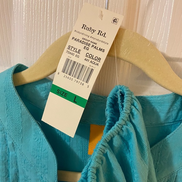 NWT Ruby Rd. | Aqua Notch-Neck Puff-Sleeve Top - Picture 3 of 4
